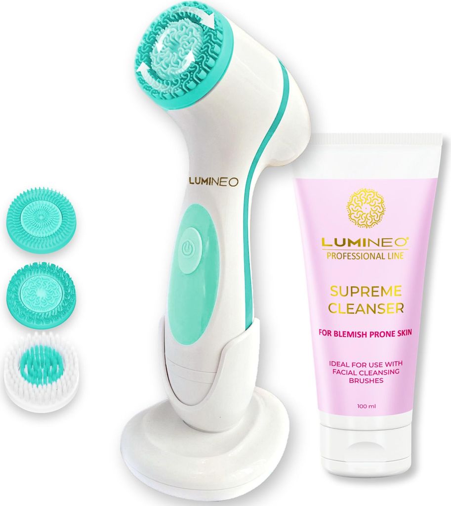 LUMINEO Professional Line Türkisfarbene Gesichtsbürste + Lumineo Reinigungsgel für Akne und problematische Haut