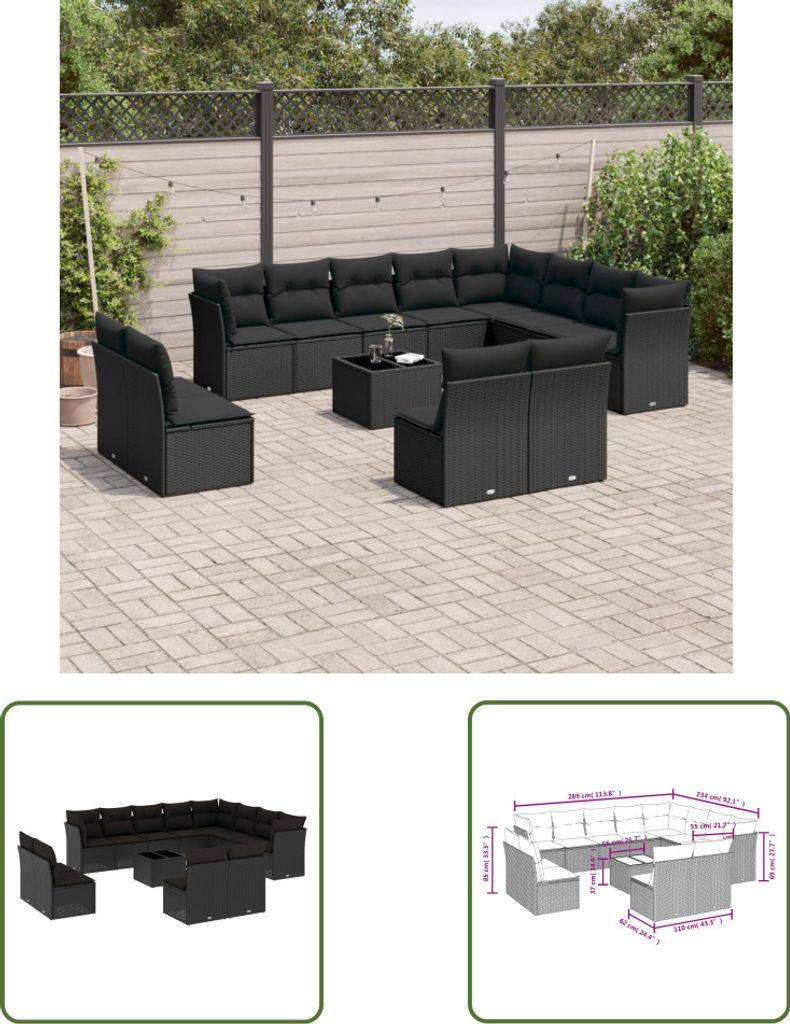 The Living Store 13-tlg. Garten-Sofagarnitur mit Kissen Schwarz Poly Rattan