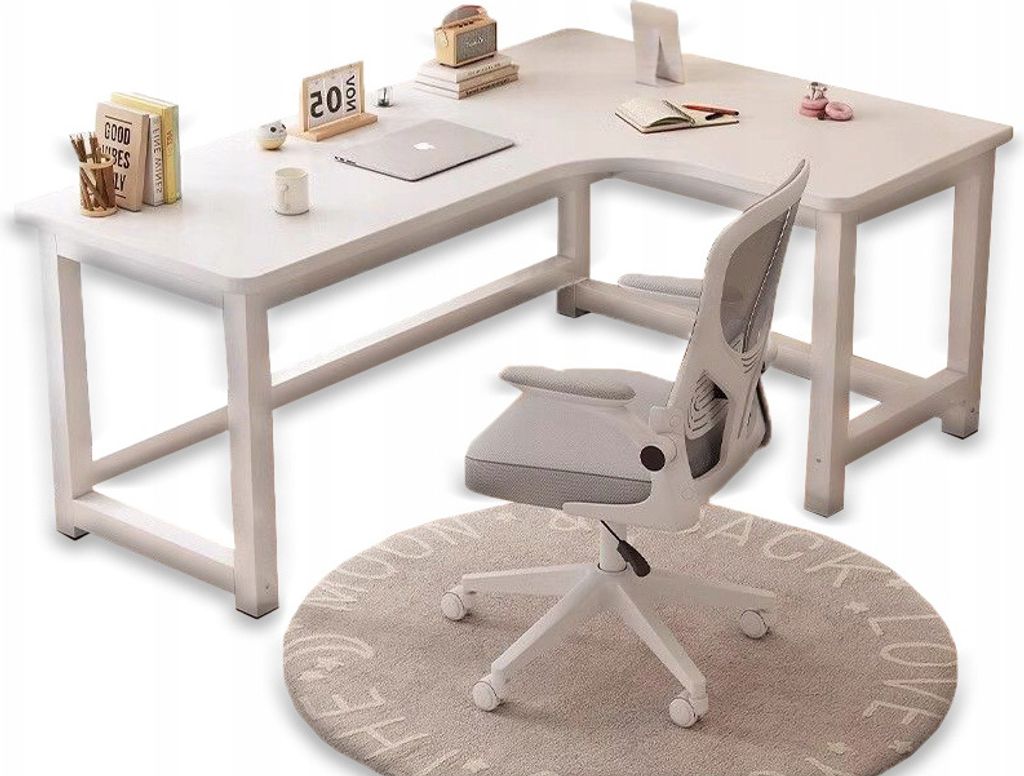 A white L-shaped desk with a white office chair on a round rug.