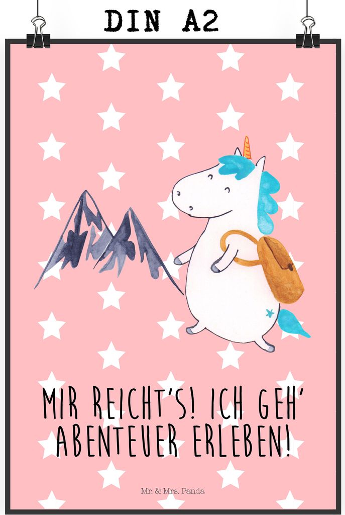Mr. & Mrs. Panda Bild Einhorn Bergsteiger DIN A2 - Rot Pastell - Geschenk, kunstdruck poster, Berge, Design, Unicorn, drucke, Urlaub, Abenteuer, Wa...