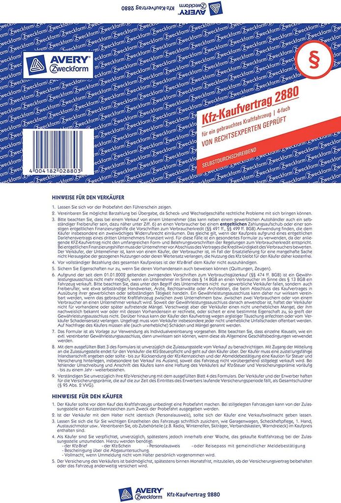 AVERY Zweckform 2880 Kaufvertrag für den privaten Verkauf Produktbild 
