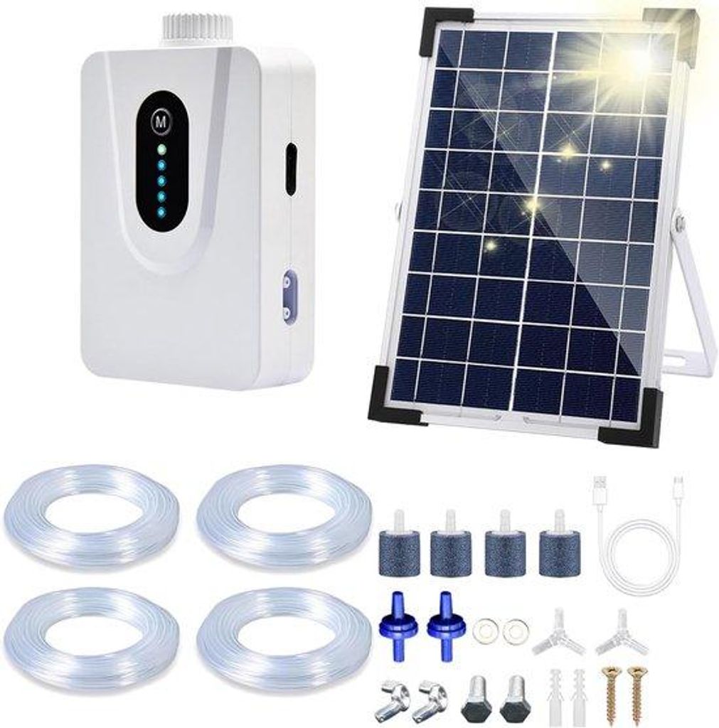 6W Solar-Luftpumpe mit 6000mAh-Batterie - Teich- und Aquariumbelüfter, USB- und Solarstrom-Ladung - Sauerstoffgenerator mit Belüftungsstein geeig...