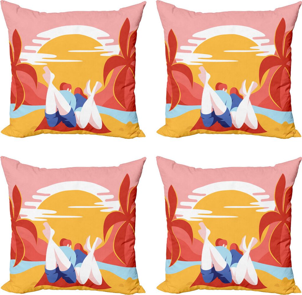 ABAKUHAUS Strand Kissenbezug Set (4 Stück), Sommer-Karikatur Junge Paare, Moderner Doppelseitiger Digitaldruck, 60 cm x 60 cm, Mehrfarbig