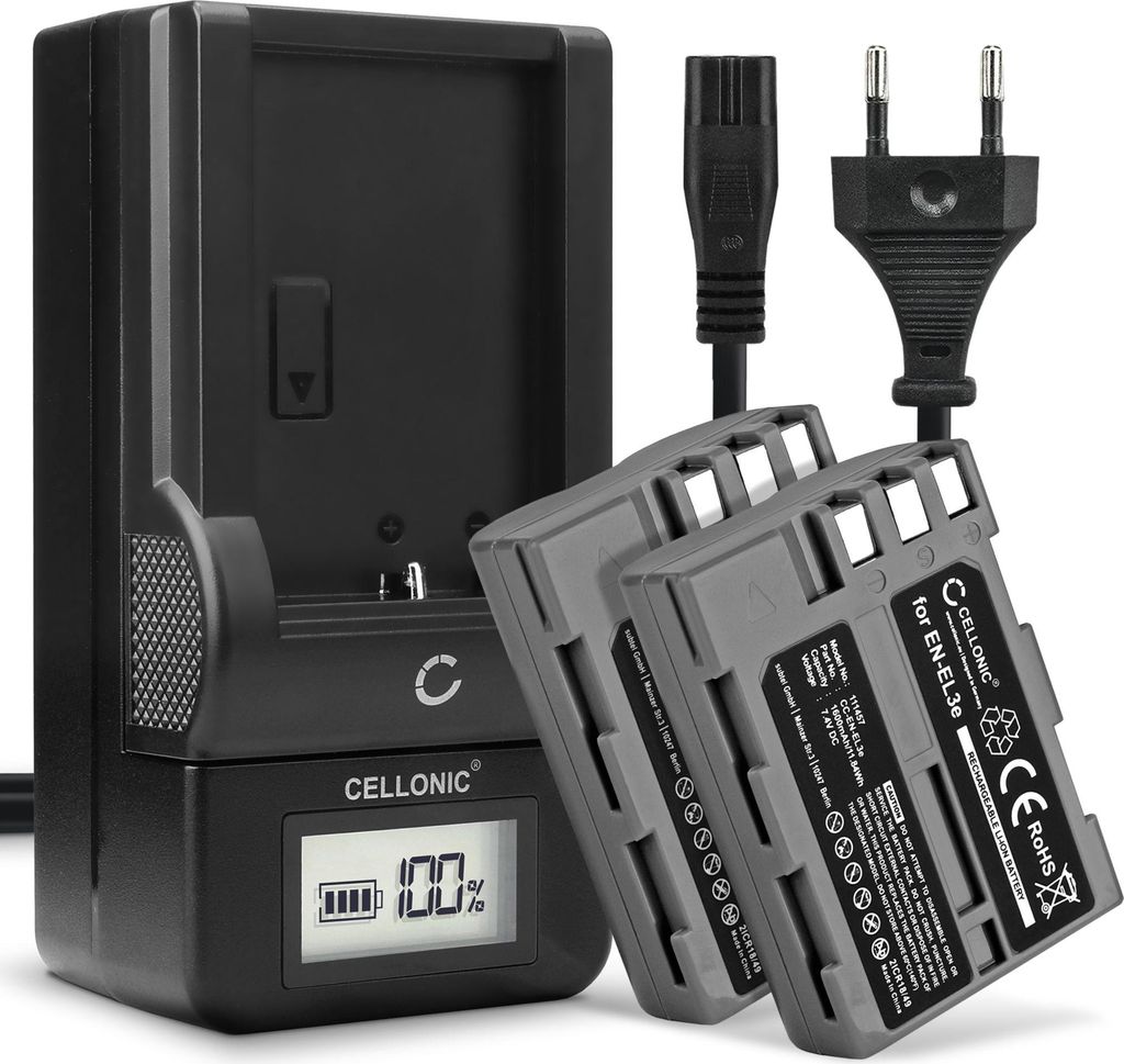 CELLONIC 2x Akku für Kamera Kompatibel mit Nikon D700, D90, D200, EN-EL3e - (1600mAh, 7.4V) + Ladegerät