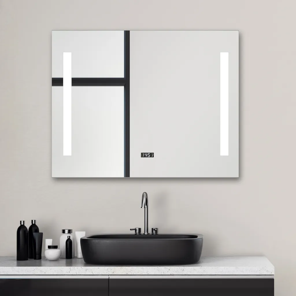 Miroir mural lumineux avec horloge digitale pour salle de bain 80x60