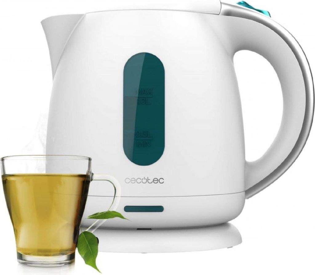 A white electric kettle and a glass of tea.