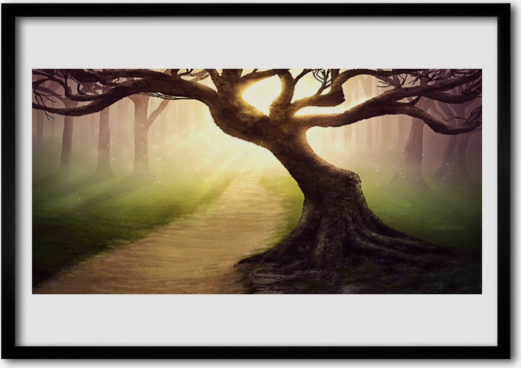 Bild 100x70 MDF-Rahmen Wandkunst Baum Sonnenstrahlen