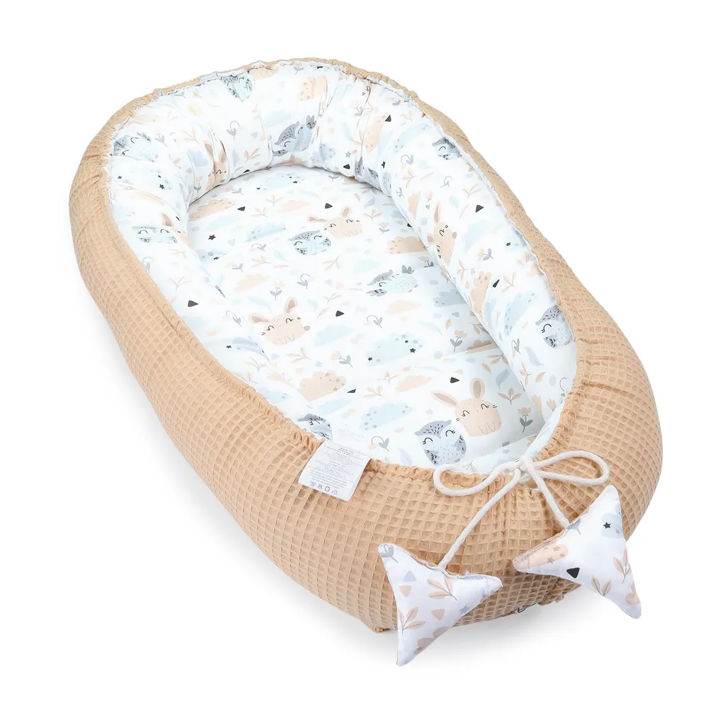 Babynestchen Set Neugeborene 90x50 cm Velvet Kuschelnest Baby Nestchen 5-teilig Kokon mit Sinneswürfel Eulen 