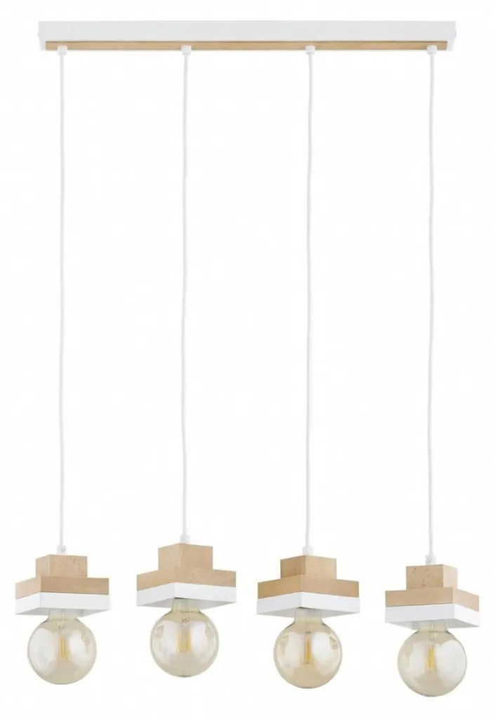 Lustre suspension bois et blanc MIKO 4 lampes pour salon et cuisine