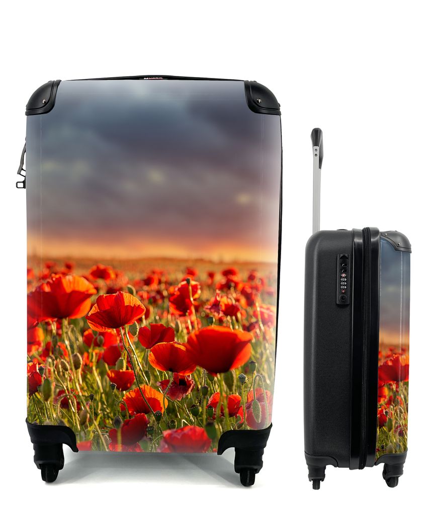 MuchoWow Koffer Handgepäck Trolley Rollkoffer Kleine Reisekoffer mit 4 Rollen - Sonnenuntergang - Mohnblumen - Rot - Blumen - Feld - Natur - Cab...