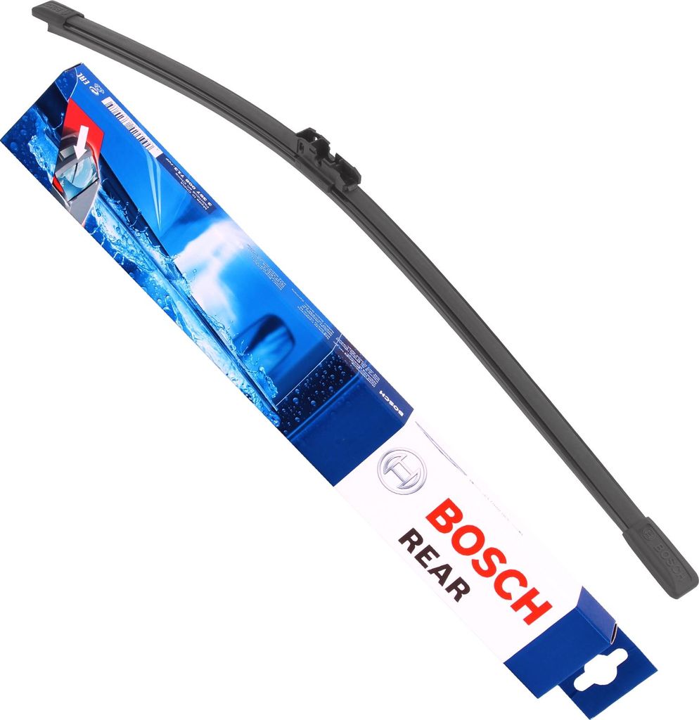 A Bosch rear windshield wiper blade is shown lying diagonally across a white background, next to its packaging.