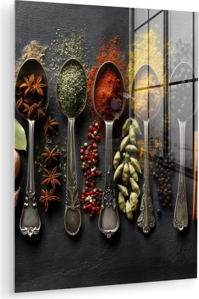 MuchoWow Glasbilder - Bilder auf Wandbild - Foto auf Glas Löffel - Gewürze - Zimt - Chili 30x40 cm Wanddekoration aus Glas - Acrylglasbild - Acry...