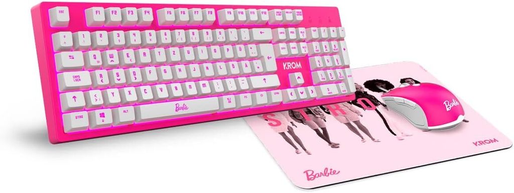 Maus und -Mausunterlage Barbie Edition KANDY - Weiße LED-Membrantastatur, Maus optischem Sensor 6400 DPI, Mause-Matte hat eine Gummibasis, Deutsch