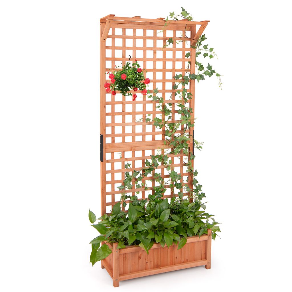 GOPLUS Pflanzkasten mit Rankgitter, Blumenkasten mit Ablauflöchern & Spalier, Gartenbeet Pflanzkübel Rankgitter Rankhilfe für Garten & Balkon, 7...