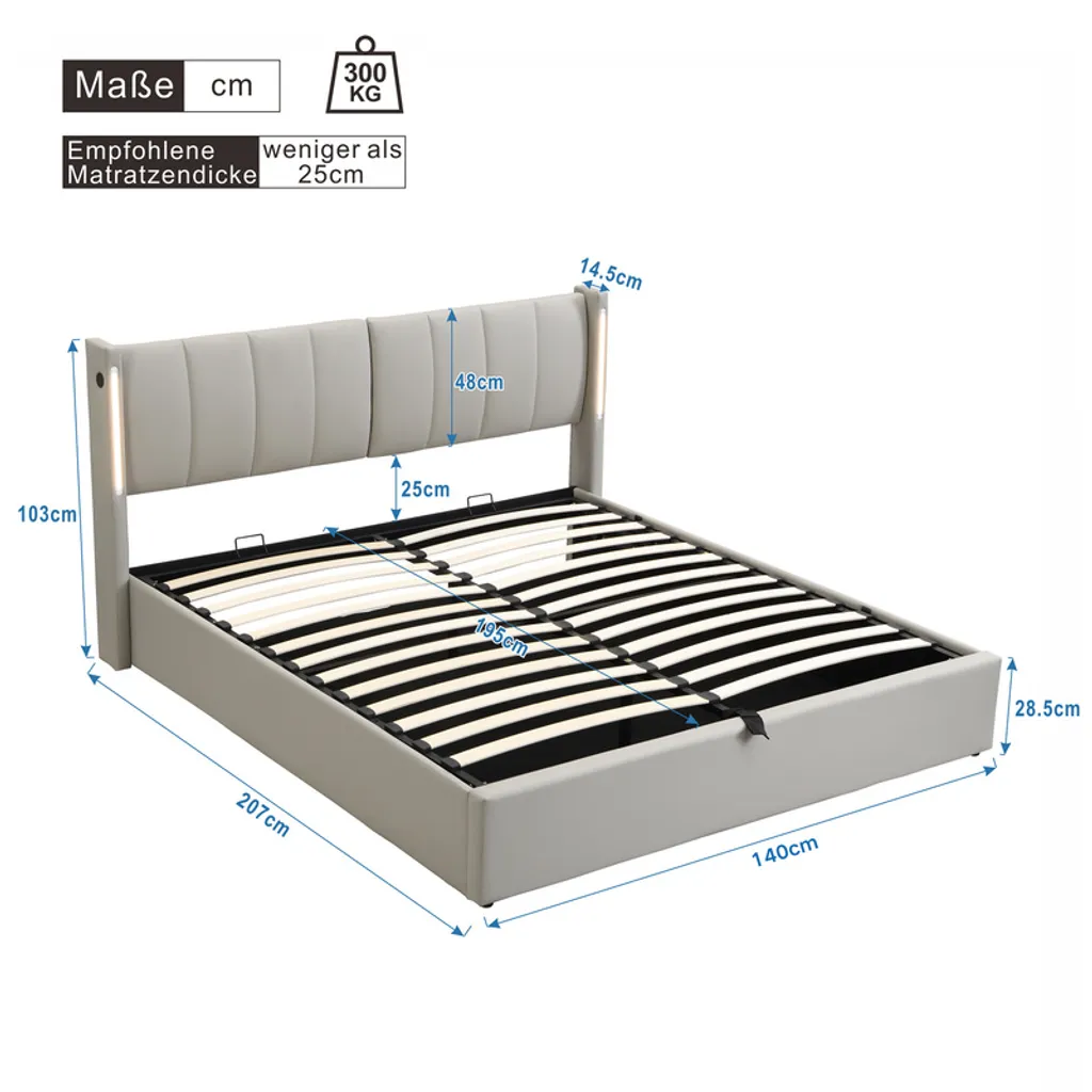 Lit Boxspring 140x200cm Gris Hydraulique avec LED et Prises USB Intégrées - 2
