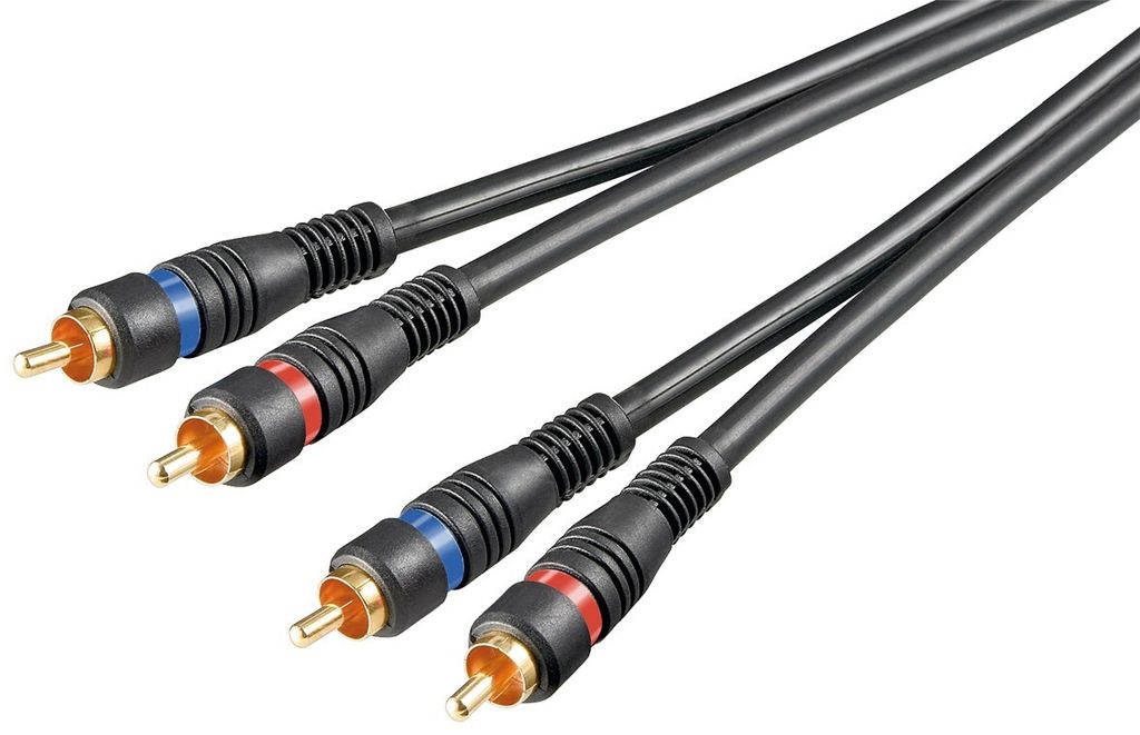 A pair of black RCA audio cables with gold-plated connectors and colored bands (blue and red) on a white background.