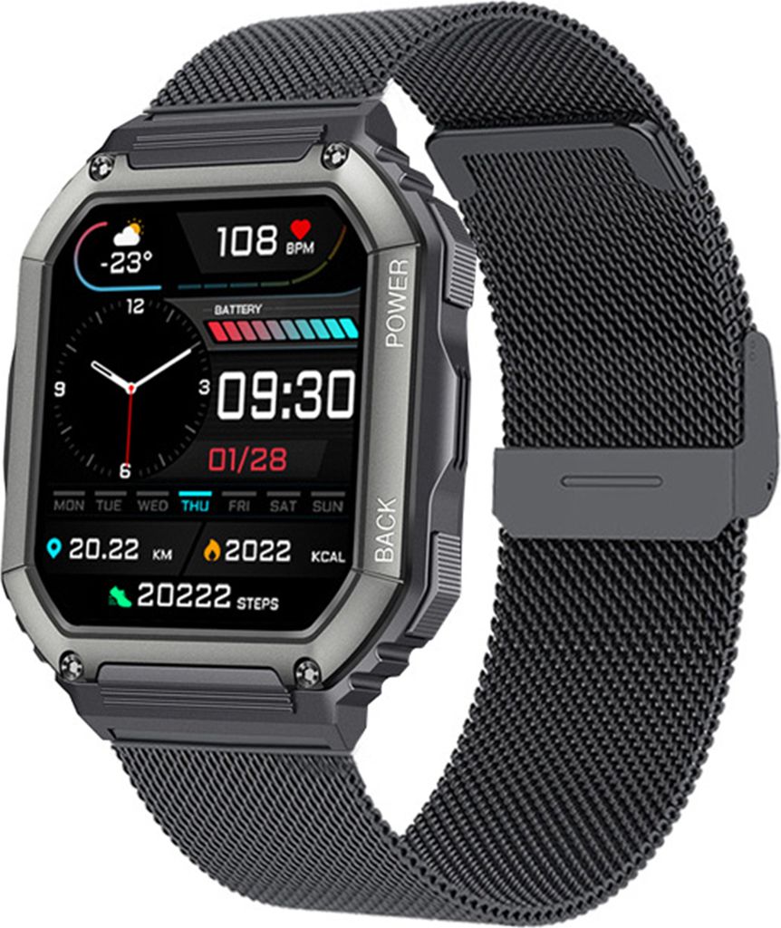 KR06 Smart Watch Outdoor 1.8IPS Herzfrequenzmesser Sport Fitness Smart Armbanduhr, Schwarzer Stahl