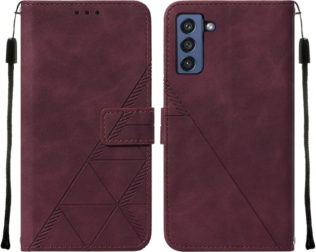 Custodia in pelle flip per Samsung Galaxy S21 FE design a portafoglio con goffratura, porta carte e supporto rosso