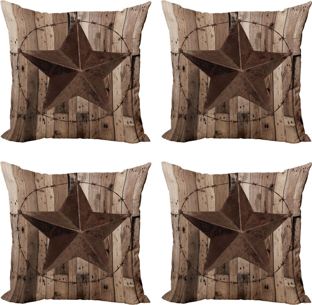 ABAKUHAUS Rustikal Kissenbezug Set (4 Stück), Holz verwittert Stern Abbildung, Moderner Doppelseitiger Digitaldruck, 50 cm x 50 cm, Braun Dunkelgrau