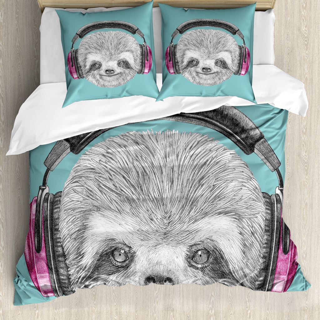 ABAKUHAUS Faultier Bettbezug, DJ Sloth Kopfhörer, Milbensicher Allergiker geeignet mit Kissenbezügen, 200 cm x 200 cm - 80 x 80 cm, Teal Grau Fuc...
