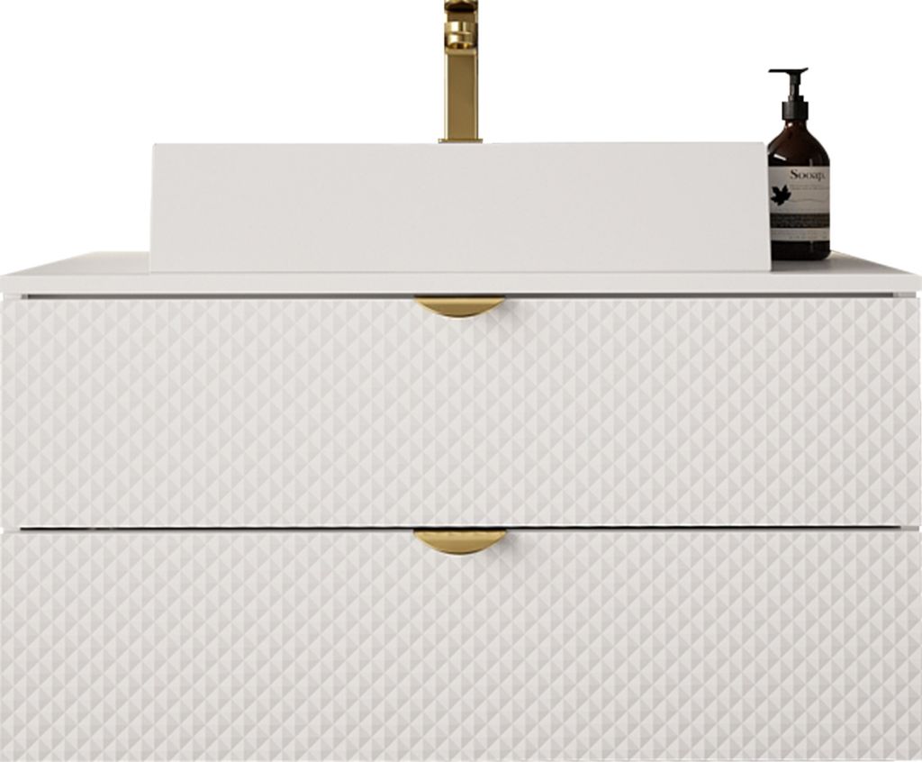 MIRJAN24 Waschbeckenschrank Aniabo 01 mit Siphon, Keramik Waschbecken, Griffe in der Farbe Gold (Farbe: Weiß)