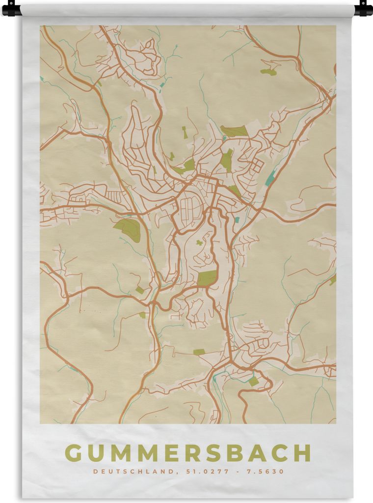 MuchoWow Wandteppich Wandbehang Stadtplan - Gummersbach - Stadtplan - Vintage 60x90 cm Tapisserie Dekoration Wandtuch - Foto-Teppich - Abwaschbar