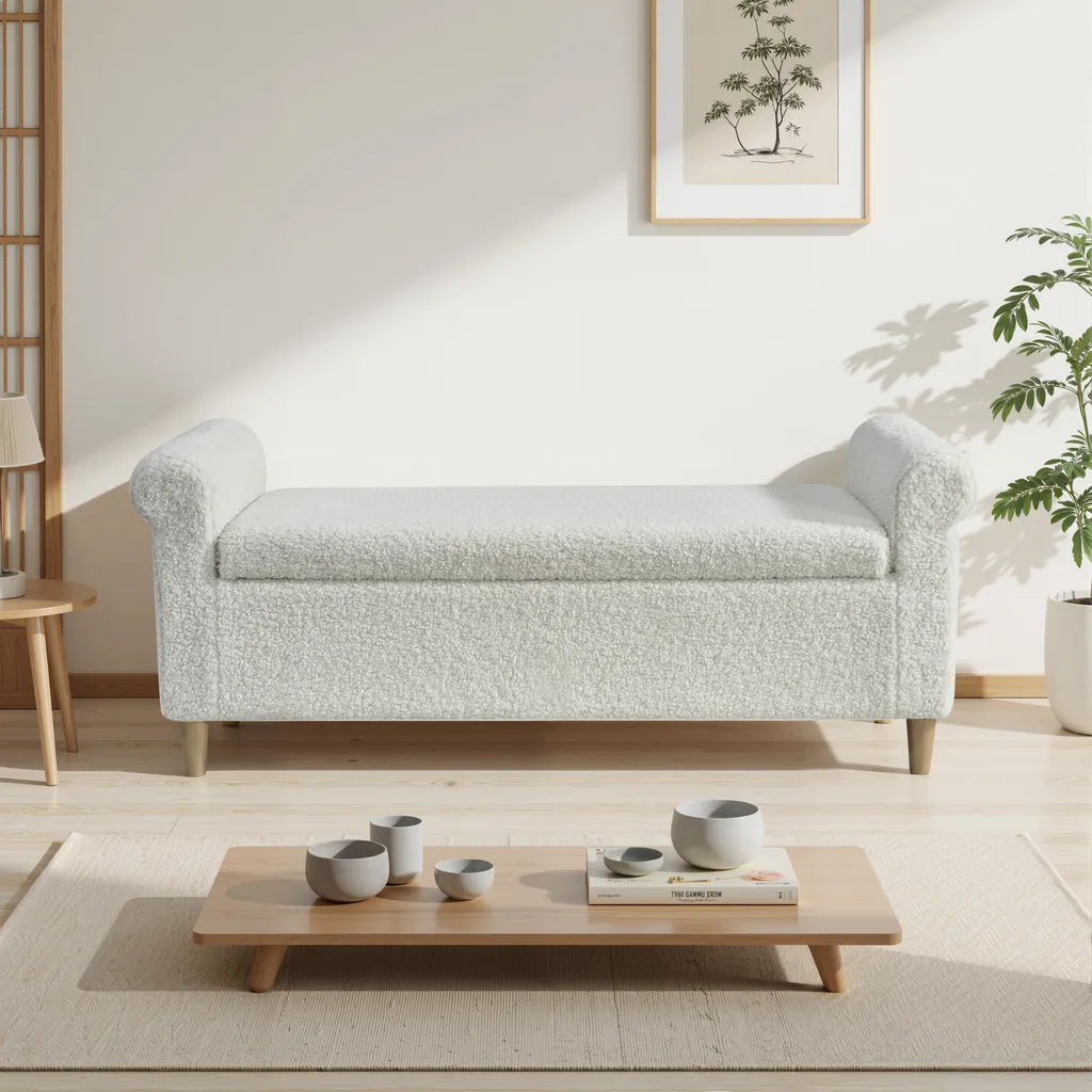 Banquette bout de lit rembourrée blanche pour ranger les plaids