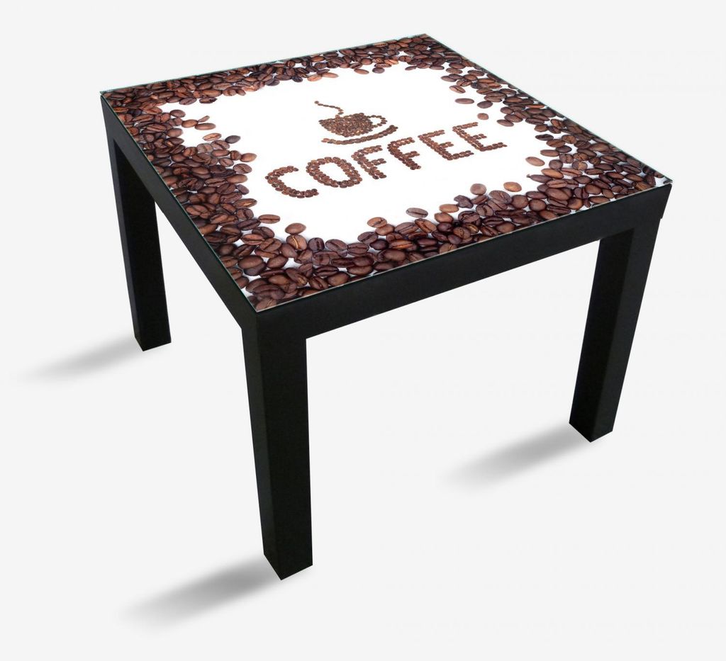 Wallario Möbeldesign - Glasplatte, Schutzplatte mit Motiv - geeignet für Ikea Lack Tisch, Größe: 55 x 55 cm, Motiv: Kaffee Schrift aus Kaffeeb...