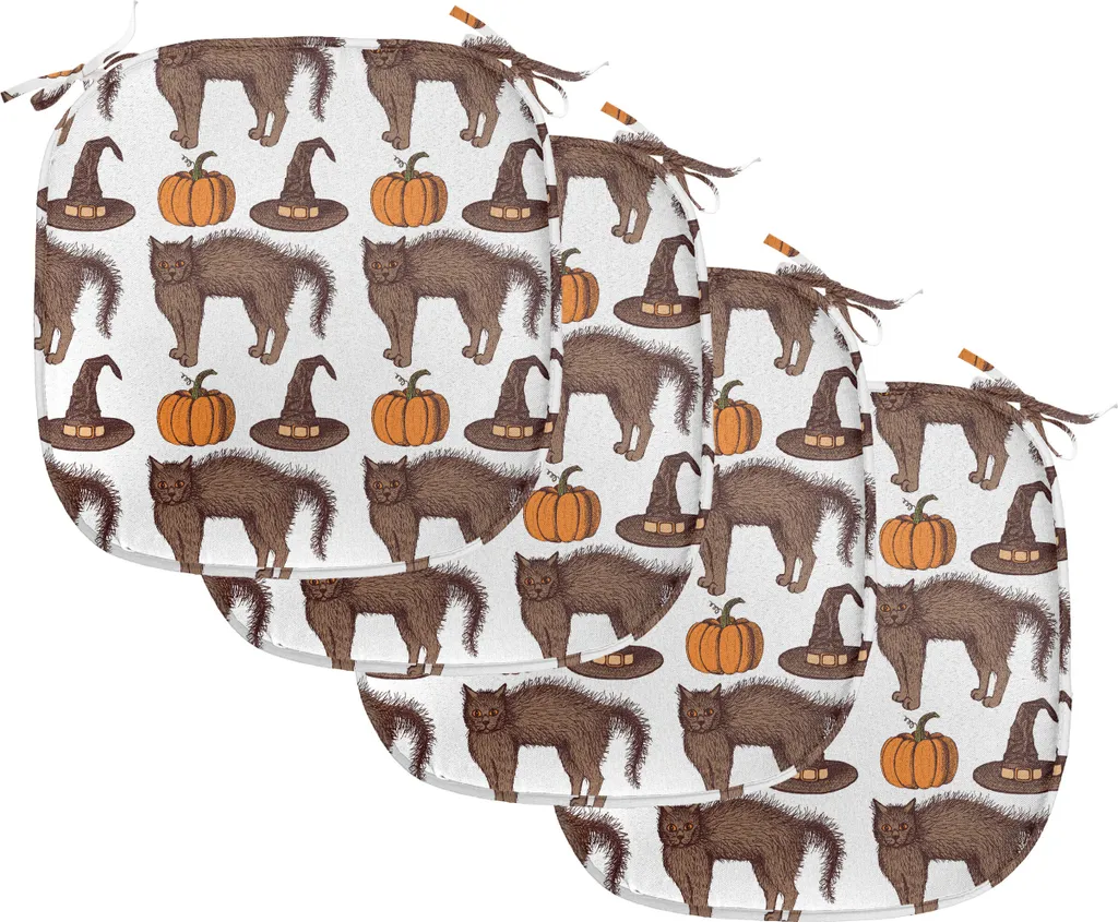 ABAKUHAUS Cuscini di Halloween per sedie da sala da pranzo, zucca-strega-cappello-gatto, cuscini decorativi impermeabili con cinturini per sedie da cucina, 40 cm x 40 cm, confezione da 4, marrone arancione verde - 1