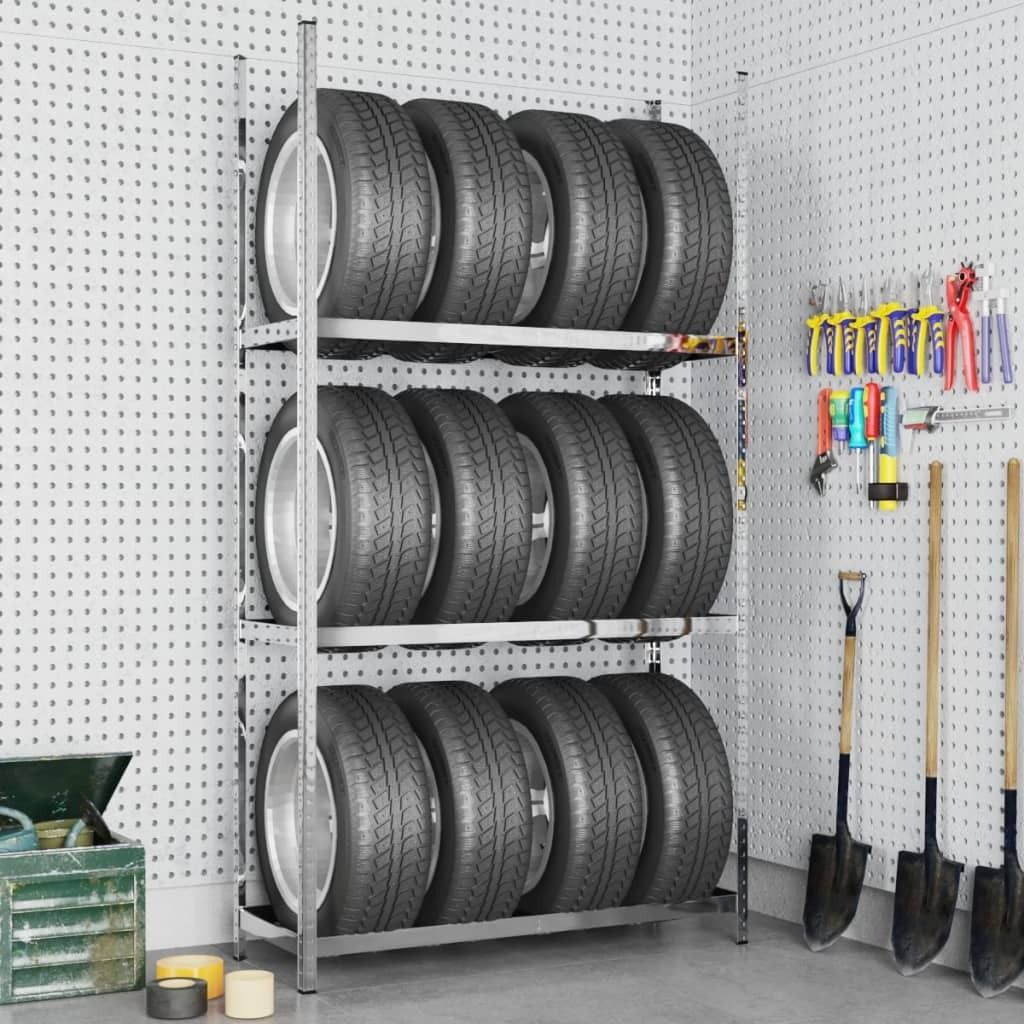 Möbel Reifenregal mit 3 Böden Silbern 110x40x200 cm Stahl - Lager- & Regalsysteme 152895