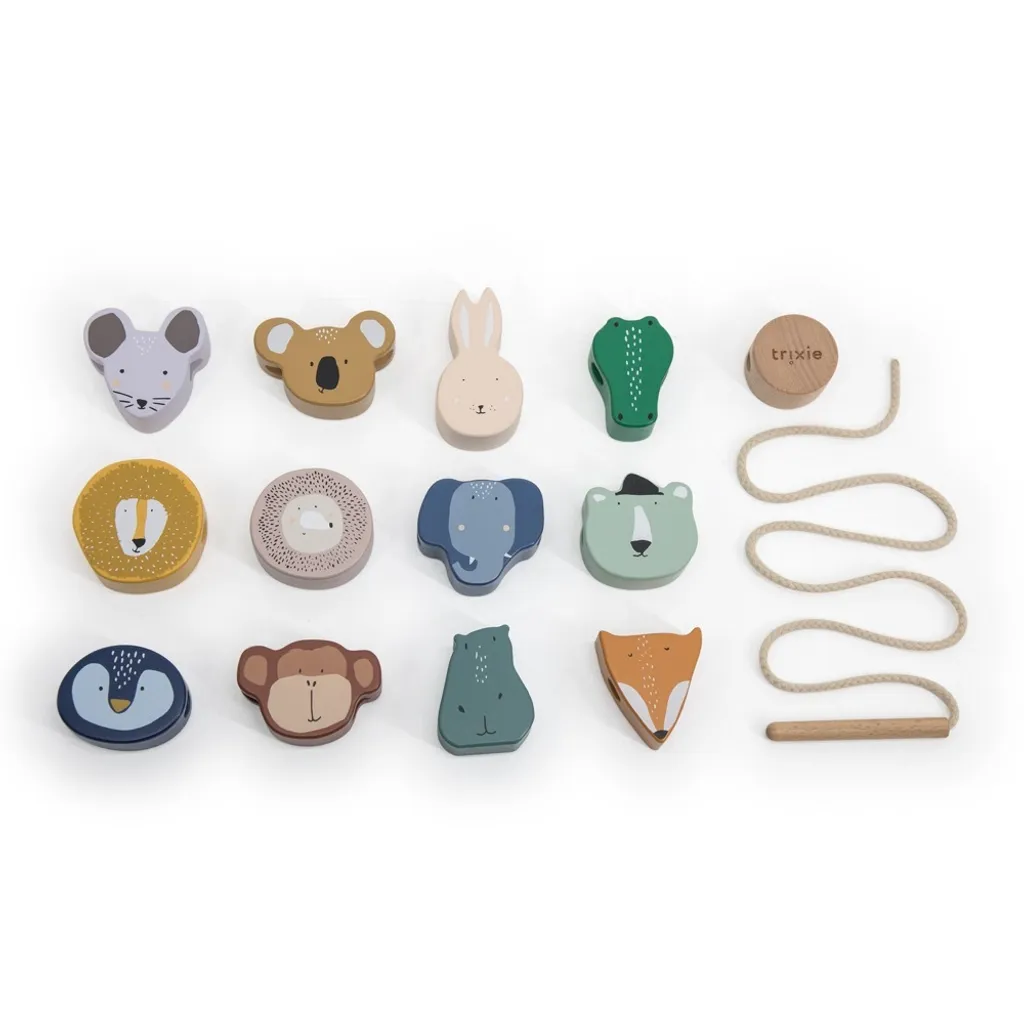 Perles animaux en bois Trixie - Jeu de laçage motricité fine 18 mois