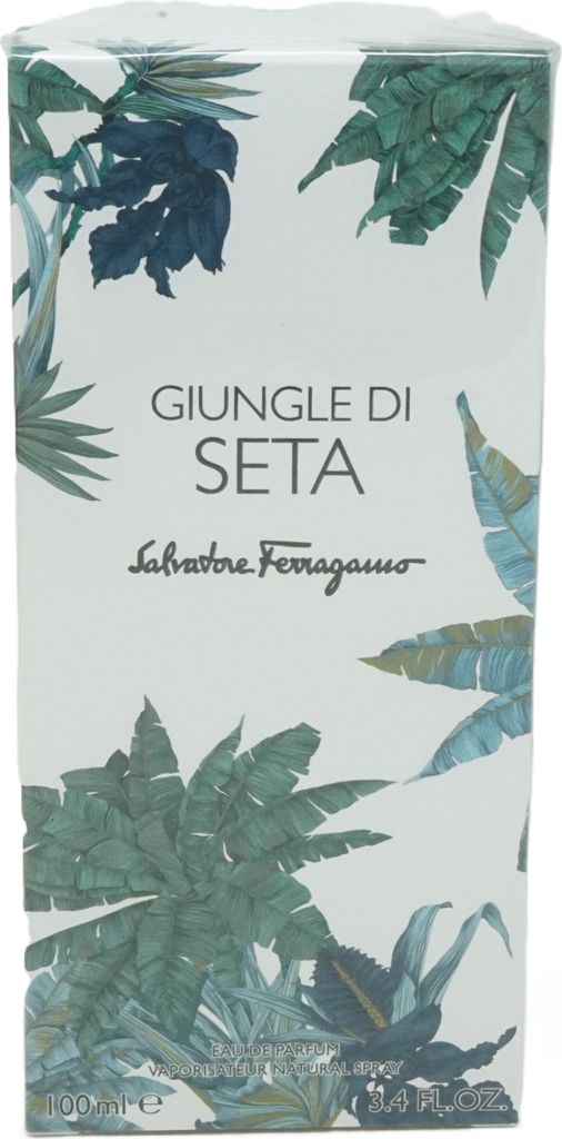 A product box for Salvatore Ferragamo Giungle di Seta Eau de Parfum, featuring a botanical print.