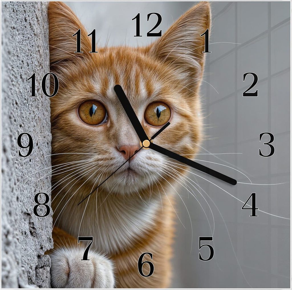 Wanduhr aus Glas mit Motiv Neugierige Katze- 30 x 30 cm - inkl. Aufhängesystem