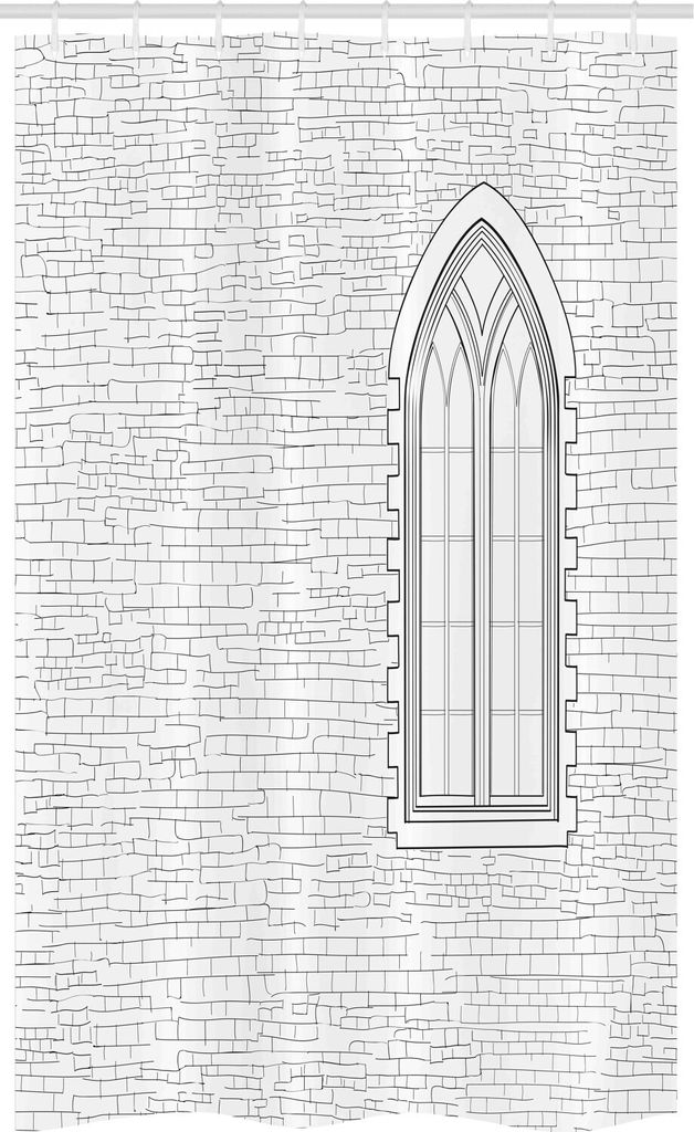ABAKUHAUS Ziegelwand Schmaler Duschvorhang, Sketch Gothic Fenster, Badezimmer Deko Set aus Stoff mit Haken, 120 x 180 cm, Schwarz Weiß