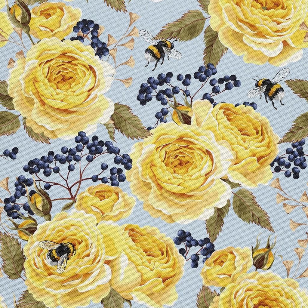 OUTDOOR DEKOSTOFFE OXFORD - Motiv gelbe Rosen auf blauem I DX452