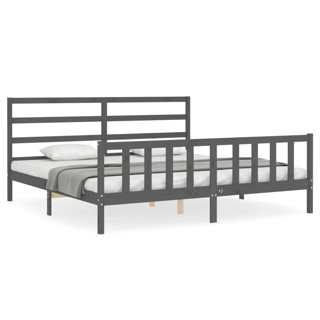 Cadre de lit double 200x200 en bois naturel et tête de lit grise