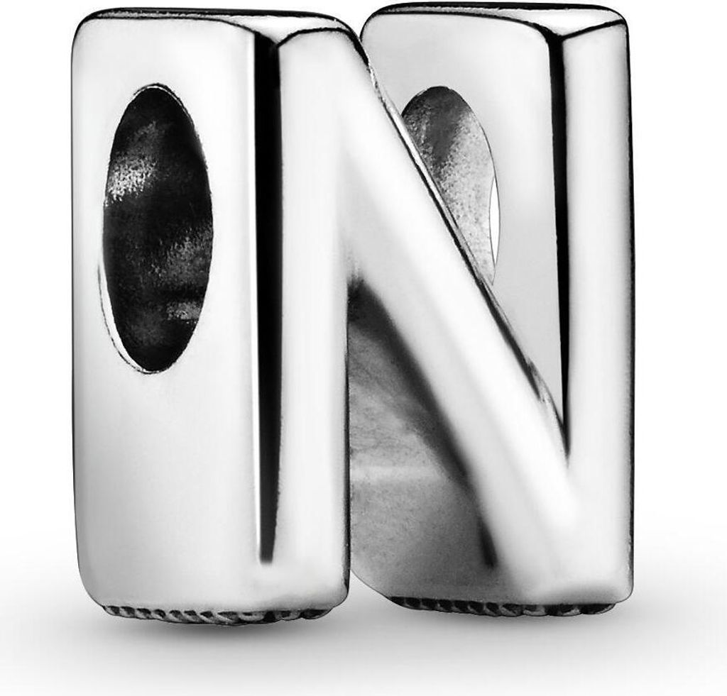 A close-up studio shot of a silver letter N charm.