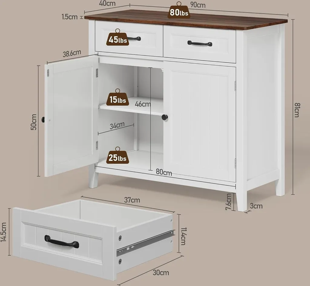 Commode Buffet Rétro avec Étagère Ajustable - Meuble de Cuisine Stable