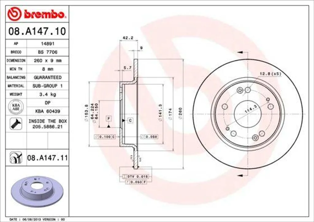 Disque de frein Brembo 08.A147.11 pour Honda Civic VIII et IX - OE 42510SNVH00