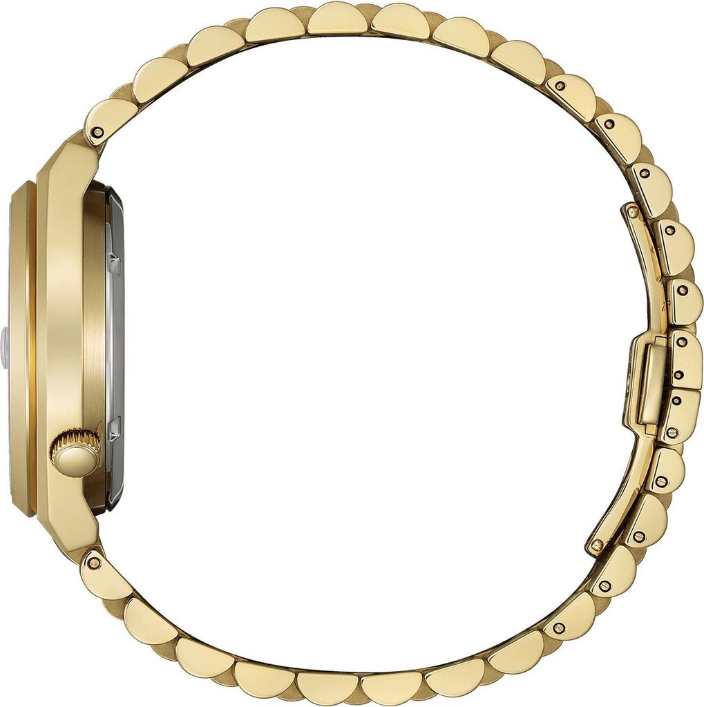 Side view of a gold-colored watch with a metal band.