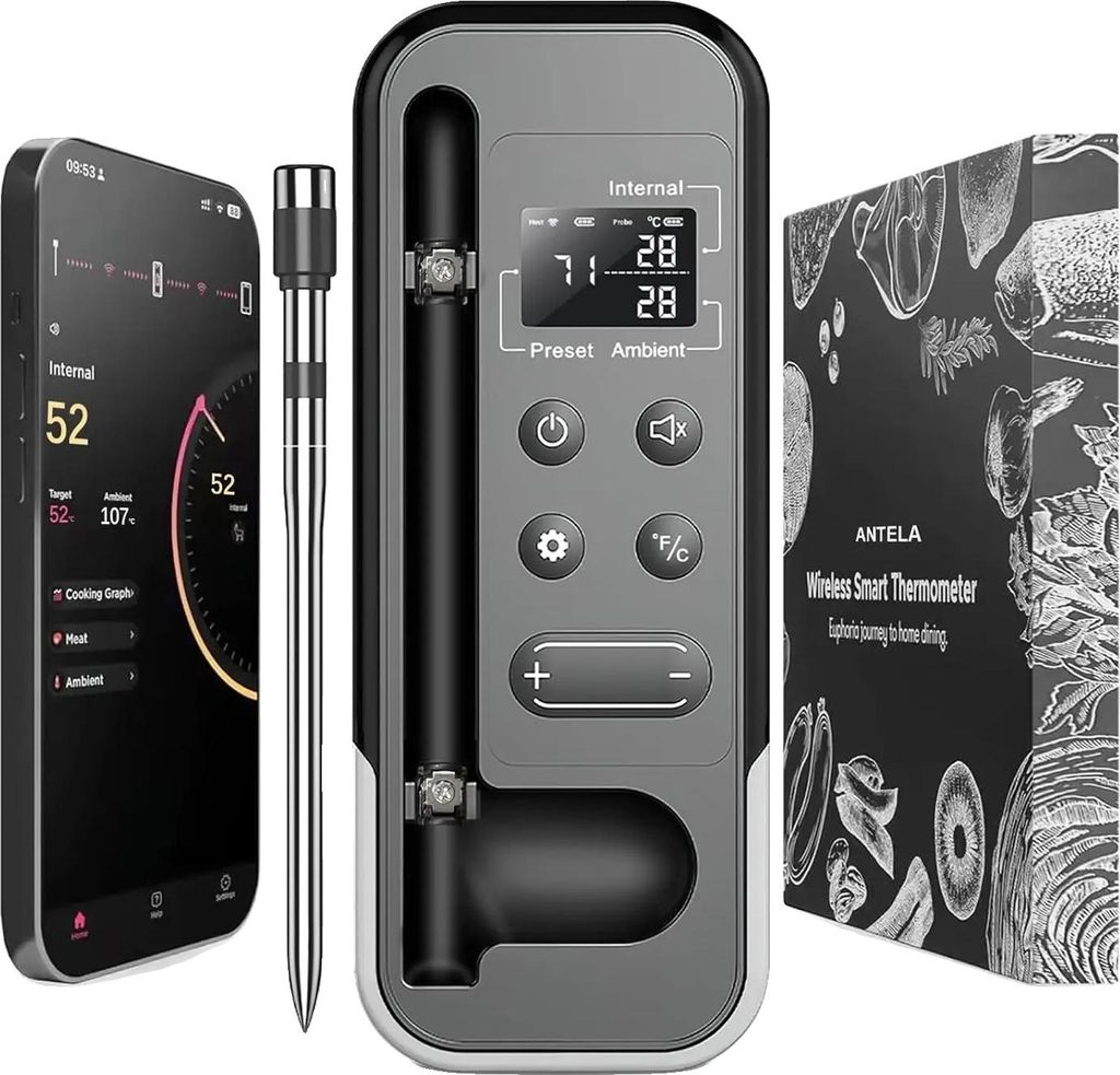 Fleischthermometer, drahtlose Verbindung, Echtzeitüberwachung, schwarz