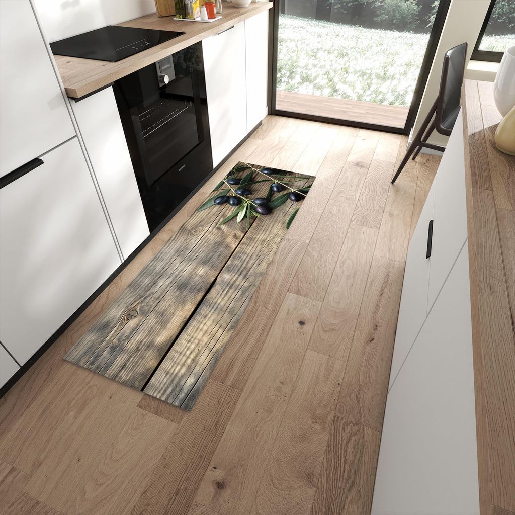Küchenteppich 60x180cm rutschfest & abwischbar PVC Läufer - Holztisch mit Oliven