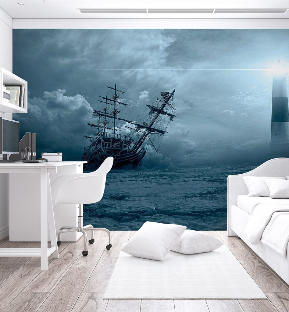 Fototapete Segelschiff auf dem Meer mit Leuchtturm, Material:Premium Vlies 150g/qm, Größe Tapete:390 x 260cm