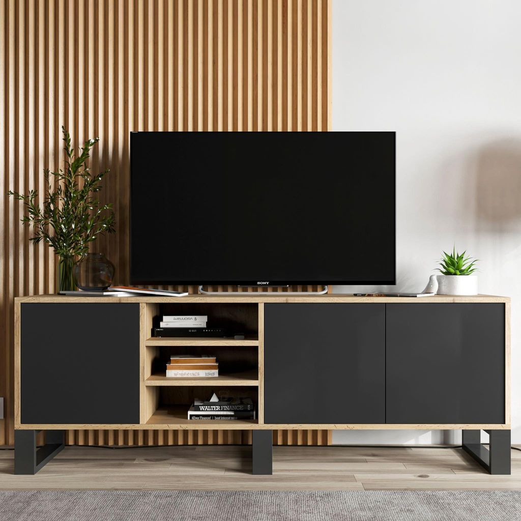 Loft TV-Schrank TV-Lowboard Apollo Dreitürig Loft Style Drei Metallfüße Modern Lindner Möbel 150cm x 53cm x 35cm Farbe: Wotan Eiche matt - schwarz