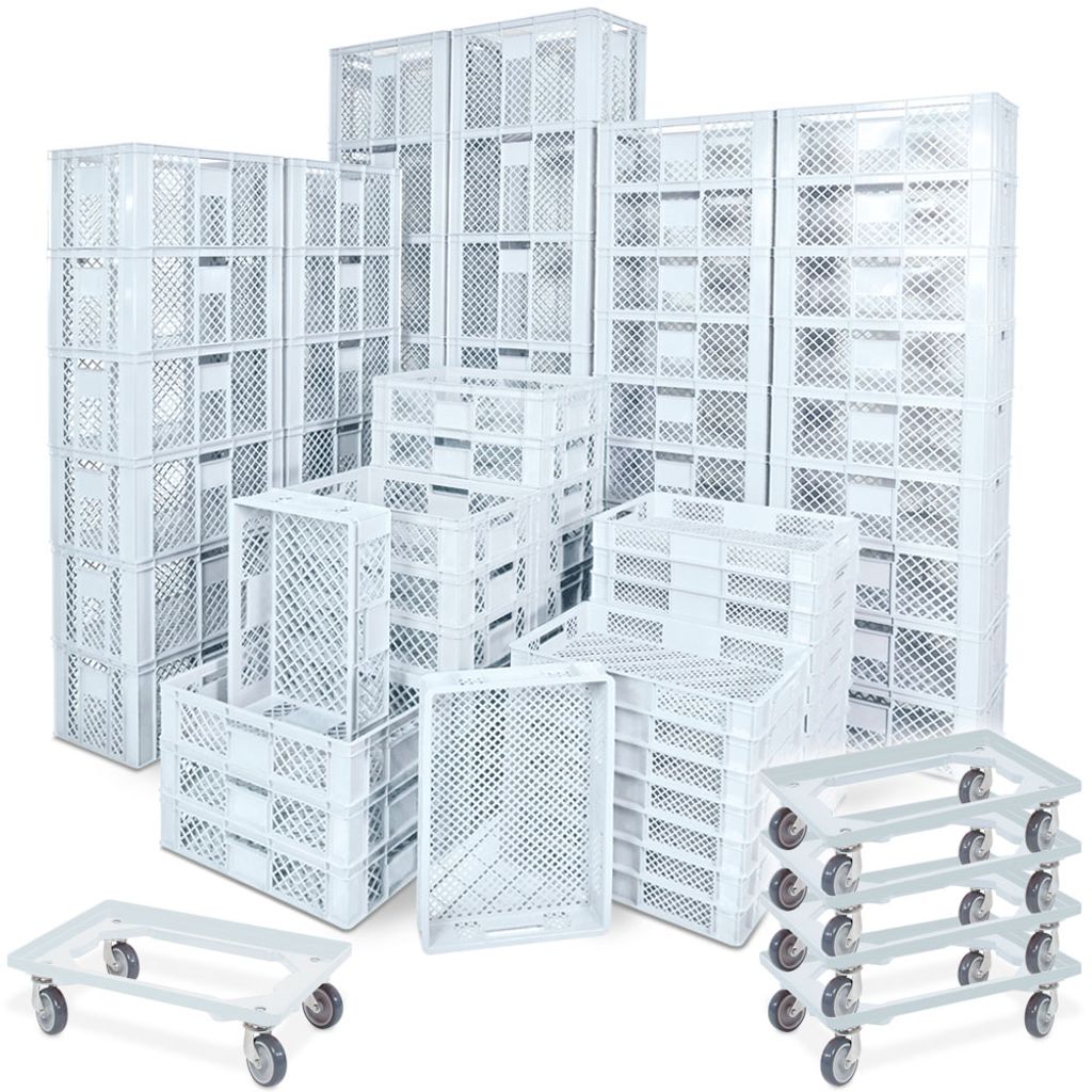 78 Stück Stapelkörbe/Bäckerkästen in 5 Größen, Grundmaß LxB 600 x 400 mm, H 90 mm, 150 mm, 240 mm, 320 mm, 410 mm, Farbe weiß + 5x Transpor...