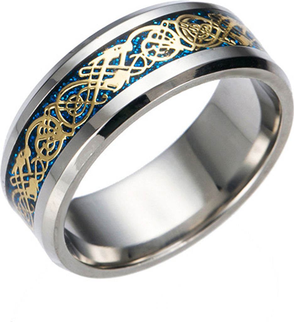 Stilvolle Männer Titan Stahl Glatte Oberfläche Ehering Fingerring Schmuck Geschenk-Blau + Gold,US 8