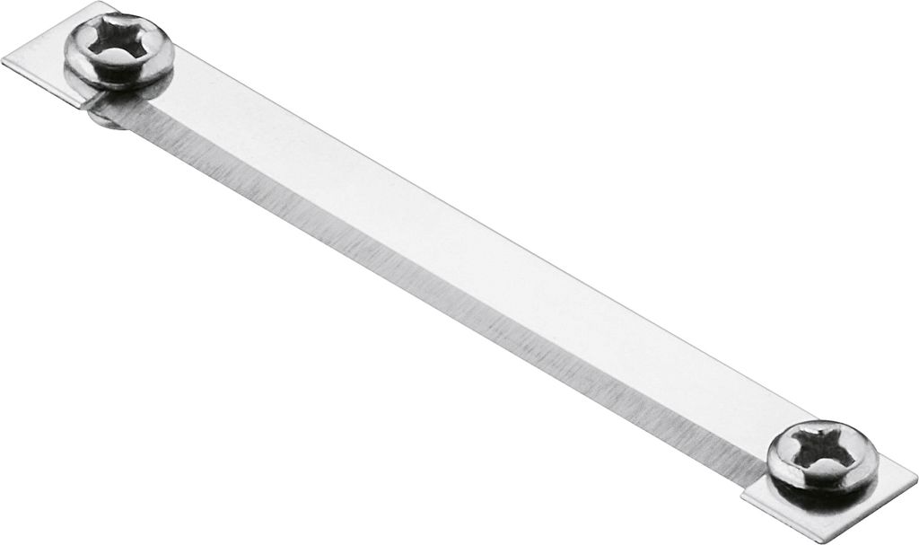 A close-up studio shot of a replacement blade for a rotary peeler, mounted on a white background.