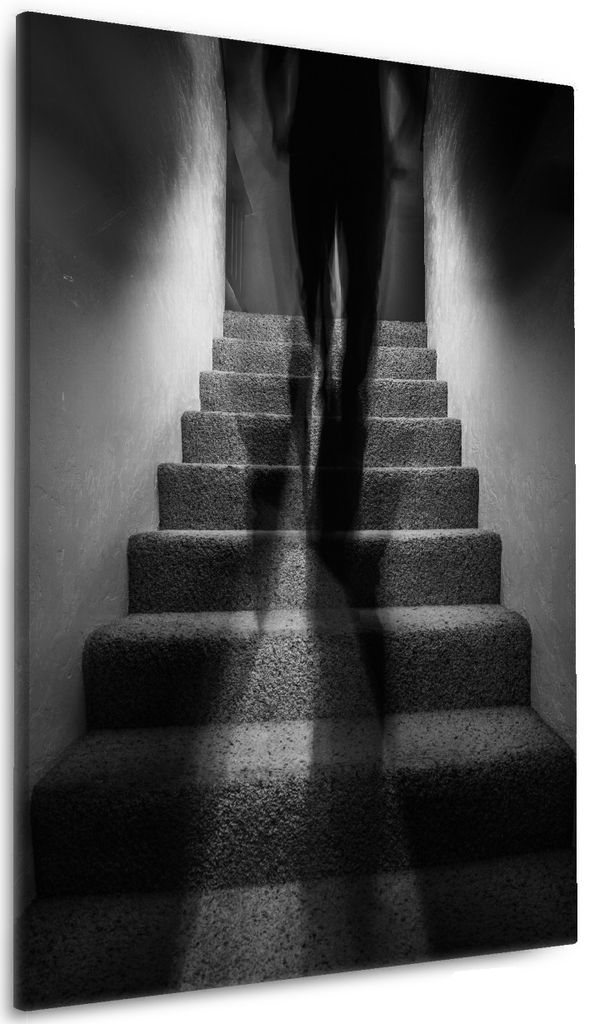 Wallario Premium Leinwandbild Mysteriöse Treppe mit Schattenfigur - Schwarzweiß in Größe 60 x 90 cm