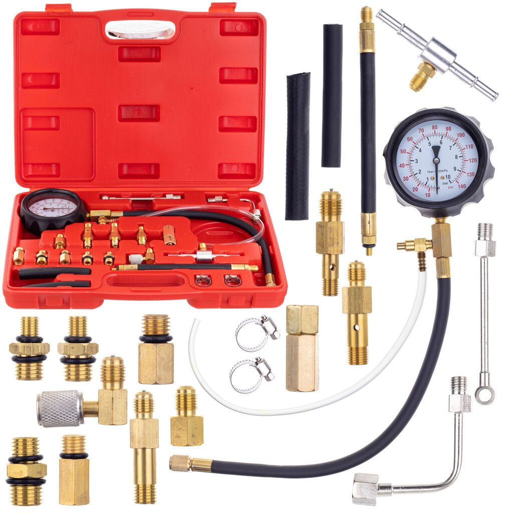 Pneumatischer Benzindruckmesser, Kraftstoffdruckprüfer, 0-10 bar, mit Gummischlauch, mit Zubehör Technic LT-A1005 (Kompressionsdruckmesser)