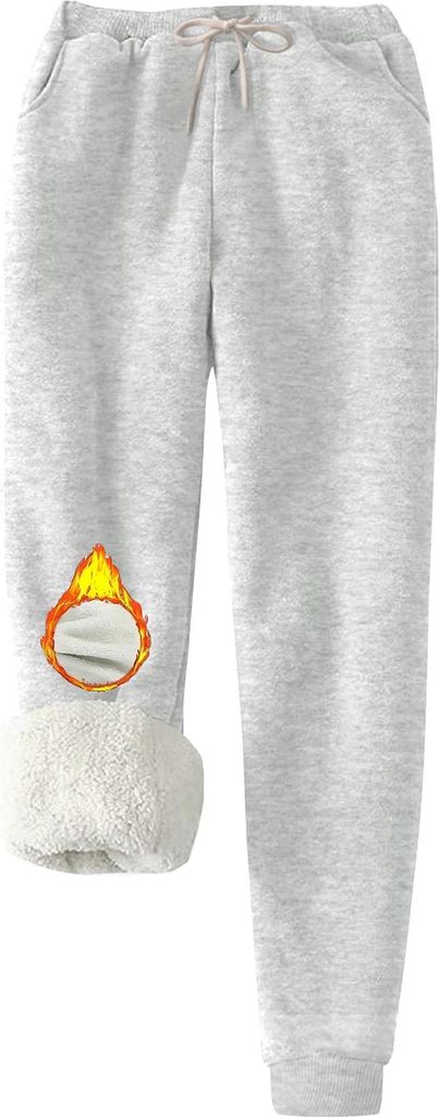 ASKSA Damen Jogginghose Warme Fleece Sporthosen Winter Thermo Gefuetterte Sweatpants Freizeithose mit Taschen (Hellgrau,XL)